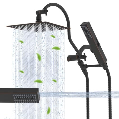Hibbent All Metal cUPC Certified Shower Head, 8'' High Pressure Rainfall Showerhead Combo, Handheld Shower Wand, 12'' Adjustable Extension Arm, 4-Spray, 71'' Hose, Shower Holder, Oil Rubbed Bronze - color: Oil Rubbed Bronze, style: Square 8''
