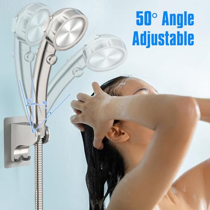JONKEAN 3m Shower Head Holder Without Drilling Brushed Nickel, 1 Pack | 2 Practical Hooks Design, Angle Adjustable Bracket, Fits G1/2 Shower Hose, Easy to Install No drilling Required - style: Brushed Nickel
