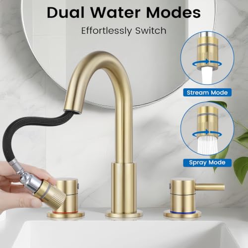 Pull-Down Bathroom Faucet 3 Hole 8 Inch with Pop-Up Drain,Brushed Gold | 360° Swivel Spoutr & Dual Modes,8" Widespread 2-Handle, Pop-Up Drain & 10-Min Install for 3-Hole Bathroom Sink Faucets. - color: Brush Gold