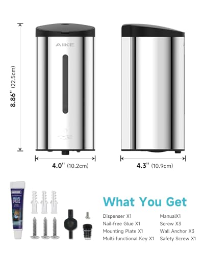 AIKE Automatic Foam Soap Dispenser 25oz for Bathroom,Polished AK1205FA | Rich Foam and Stainless Steel,No-drill and Screw Wall Mount,5-Level Adjustable and Key for Commercial(Batteries Not Included) - color: Polished Stainless Steel