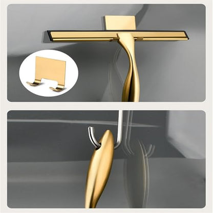 Gold Stainless Steel Shower Squeegee Window Glass Wiper Silicone Scraper Cleaner Brush Self Adhesive Hook for Kitchen Bathroom,Gold,14inch - size: 14inch