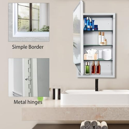Plastic Medicine Cabinet with Mirror 16x26 inch, Recessed Medicine Cabinet or Surface Wall Mount Bathroom Cabinets with Removable Shelves, White Framed Mirror Cabinet - style: CS5003-1626