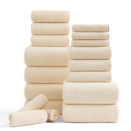 Ycosy 18 Piece Bath Towels Set,100% Microfiber Family Bathroom Towel with Hanging Loops-6 Bath Towels,6 Hand Towels,6 Washcloths,Quick Dry Highly Absorbent Shower Towel for Bathroom,Hotel,Spa-Beige - color: Beige, size: 18 Piece Towel Set