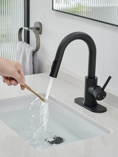 Black Bathroom Sink Faucet with Pull Out Sprayer for Sink 1 Hole,Bar Sink Faucet with Pop-Up Drain,Stainless Steel Single Handle Kitchen Faucet 360°Swivel Bathroom Faucets for Two Water Outlet Modes - color: Black, style: Pull-out