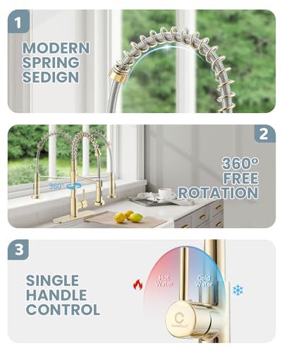 Gold Kitchen Faucet with Soap Dispenser, Pull Down Kitchen Faucet with Sprayer, Single Handle Kitchen Sink Faucet with Dual Function Spray Head, Camper Laundry RV Faucet,PVD - color: D-PVD Gold, style: Contemporary