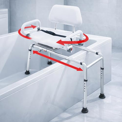 Carousel Sliding Shower Chair Tub Transfer Bench with Swivel Seat Elderly | Slide Safely In & Out of the Tub - White, padded seat, padded armrests, swivel seat, backrest, heavy-duty, extra-wide seat - color: White