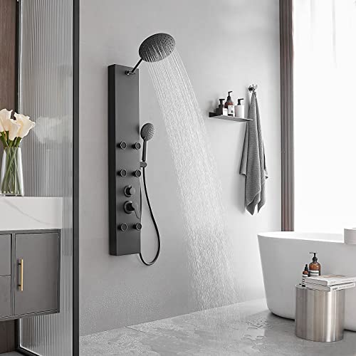 Rainfall Shower Panel Shower Tower System Adjustable Shower Head Round,Stainless Steel with 6 Body Jets Massage, 3 IN 1 Bathroom Shower Wall Mount, Black - color: Black