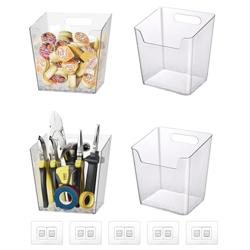 Clear Adhesive Wall Storage Bins, 4 Pack Cabinet Door Organizer Cups(Large) | Clear PET Hanging Wall Mount Pockets, Plastic Caddy for Shower Bathroom Makeup Office Craft Kitchen Sink RV Organization - size: Large