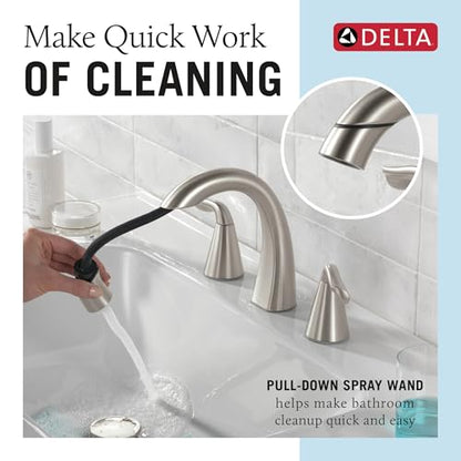 Delta Arvo Brushed Nickel Bathroom Faucet with Sprayer, 8 Inch 3 Hole Widespread Bathroom Sink Faucet with Pull Out Sprayer, Push-Pop Drain, SpotShield Stainless 35840LF-SPPD - color: SpotShield Brushed Nickel