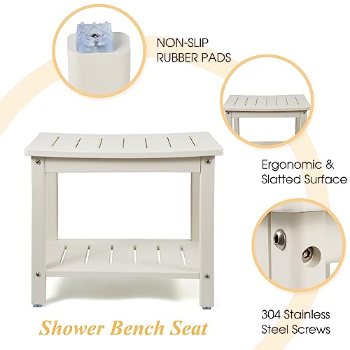 Apolimi HDPE Shower Bench, Shower Stool with Storage Shelf 2-Tier Spa Stool for Inside Shower,Water Resistant & Non-Slip Design Shower Seat (White L Size)