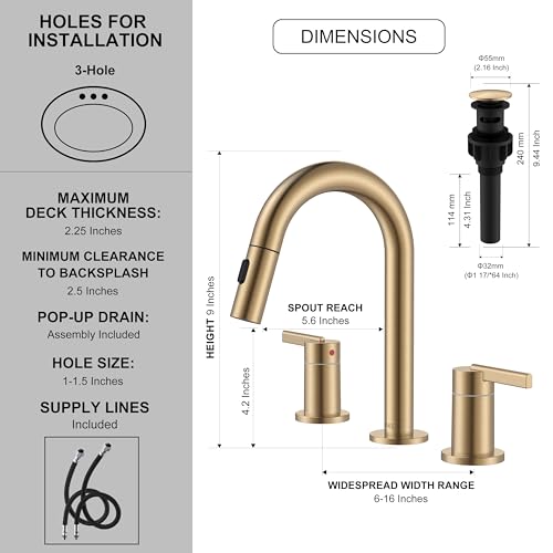 Champagne Bronze Pull Down Widespread Bathroom Faucet 2 Handle 3 Hole | Pull Out Bathroom Faucet with Pop Up Drain & Supply Lines, Lead-Free cUPC & NSF Certified, 8 Inch Faucet for Vanity RV Sink - color: Champagne Bronze