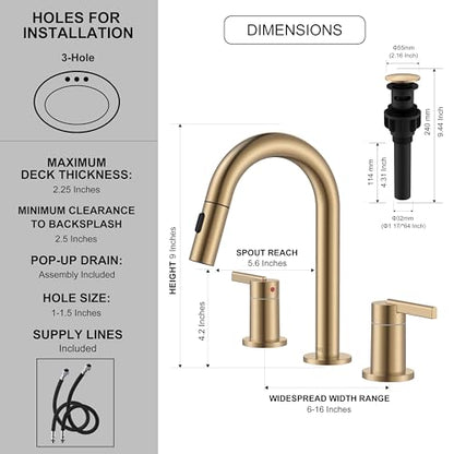 Champagne Bronze Pull Down Widespread Bathroom Faucet 2 Handle 3 Hole | Pull Out Bathroom Faucet with Pop Up Drain & Supply Lines, Lead-Free cUPC & NSF Certified, 8 Inch Faucet for Vanity RV Sink - color: Champagne Bronze
