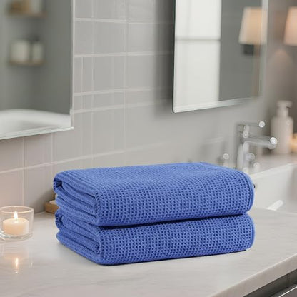 POLYTE 380 GSM Poly Blend Microfiber Quick Dry Waffle Bath Towel, 30x60 in | 2 Pack, Oversize, Lint Free, Body Towel - color: Royal Blue