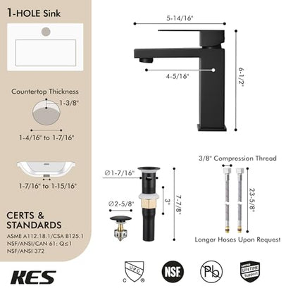 KES Black Bathroom Faucet Single Handle & Bathroom Sink Drain with Overflow, cUPC Certified Vanity Faucet with Pop Up Drain Stopper Stainless Steel Matte Black, L3156ALFF12-BK-C2 - color: Black, style: w/ Drain (WITH Overflow) - Short Faucet