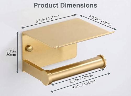 YOUDA Gold Toilet Paper Holder with Shelf Wall Mount - Self-Adhesive No Drill & Screw Mounted, Rust-Resistant Aluminum Space Saving Bathroom Storage