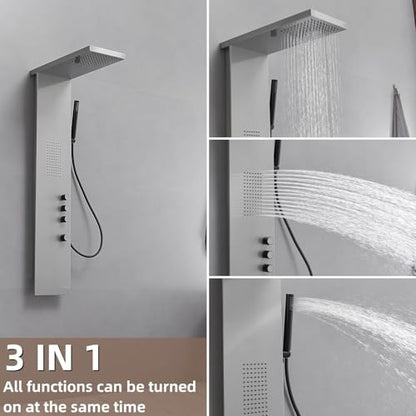 Shower Panel Tower System, Brushed Nickel | Stainless Steel, Multifunction Shower Tower System, Bathroom Rainfall Shower Head Hand Shower and Large Area Body Spray - color: Brushed Nickel, style: 3 IN 1 Shower Panel