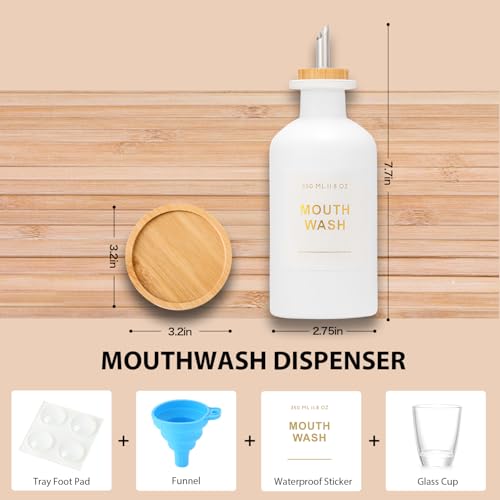 11.8OZ Mouthwash Dispenser for Bathroom, White | Bamboo & Stainless Steel Pour Spout, Mouthwash Cup Reusable, Bamboo Tray, Elegant Gold Label - color: White/350*1
