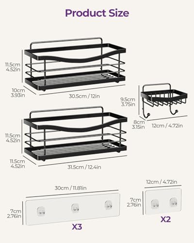 ODesign 3 Pack Adhesive Shower Caddy,Stainless Steel Shower Shelves,Black | No Drilling Shower Shelves Rack,Rustproof Shower Organizer with Soap Holder,Shelves for Bathroom Storage & Home Decor