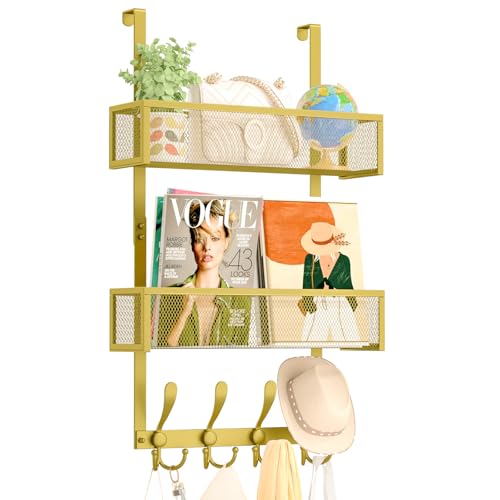 Kaiferty Over The Door Hooks Organizer,Coat Rack with 12 Hooks and 2 Mesh Baskets,Back of Door Storage Organizer for Bathroom,Bedroom,Kitchen,Office (Gold) - color: 2 Upgrated Baskets-Gold