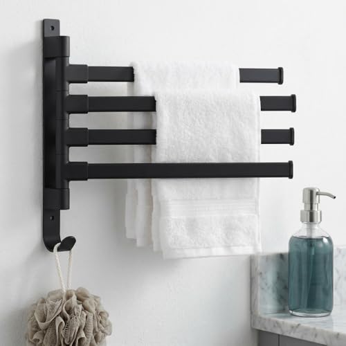 Black Aluminum Swivel Towel Bar, Wall Mounted 180 Degree Rotating Multi-Arm Towel Rack with Bottom Hook for Bathroom Kitchen(4-Arm) - size: 4-Arm