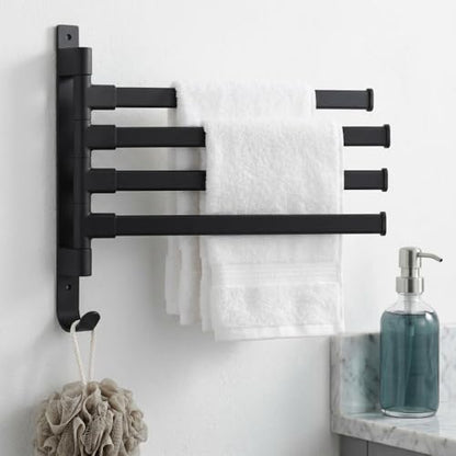 Black Aluminum Swivel Towel Bar, Wall Mounted 180 Degree Rotating Multi-Arm Towel Rack with Bottom Hook for Bathroom Kitchen(4-Arm) - size: 4-Arm