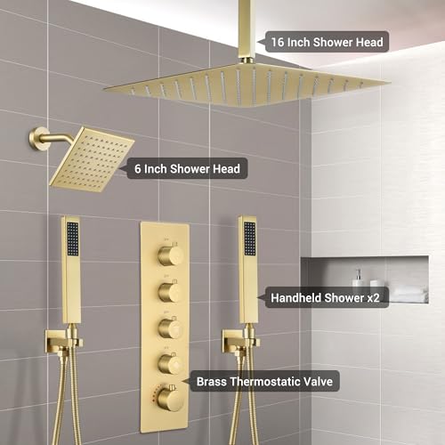 Thermostatic Dual Rianfall Shower System with 6+16-Inch Shower Heads, Ceiling Mount Full Body Rain Shower Faucet Set with Double High Pressure HandHeld Sprayer for 2-Person (Brushed Gold) - color: Brushed Gold