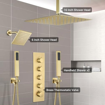 Thermostatic Dual Rianfall Shower System with 6+16-Inch Shower Heads, Ceiling Mount Full Body Rain Shower Faucet Set with Double High Pressure HandHeld Sprayer for 2-Person (Brushed Gold) - color: Brushed Gold