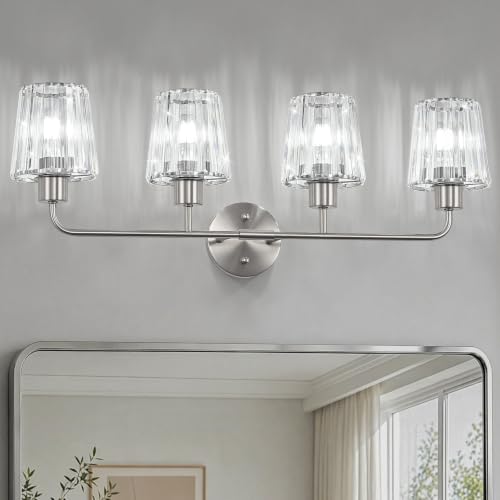 Brushed Nickel Vanity Lights 4-Light Crystal Bathroom Light Fixtures | Modern Bathroom Vanity Light E26 Wall Light over Mirror (Exclude Bulb) - color: Brushed Nickel, size: 4-Light