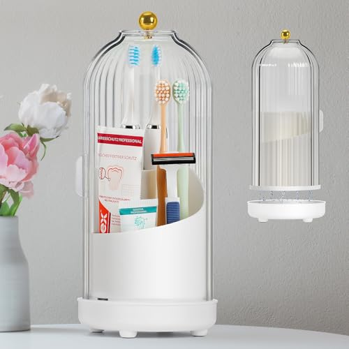Dustproof Toothbrush Holder, Toothbrush Organizer with 360° Rotating Inner Tray and Sliding Cover, 3-Slot Draining Bathroom Toothbrush Caddy, Vanity Makeup Brush Organizer,White - color: White