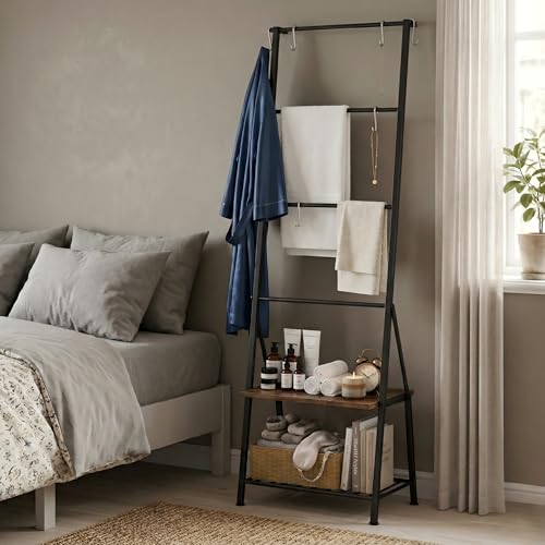 CADUKE Blanket Ladders for the Living Room, 6-Tier Rustic Blanket Rack Decorative Stand, Quilt Display Holder, Freestanding Towel Rack with Metal Frame, Wooden Shelf & 8 Hooks for Bedroom Bathroom