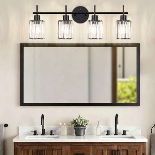 Black Bathroom Light Fixtures, Square, 4-Light | Vanity Lights with Crystal Shades, Modern Bathroom Lighting Fixtures over Mirror (Bulbs Not Included, E26) - color: Black (Square), size: 4-Light