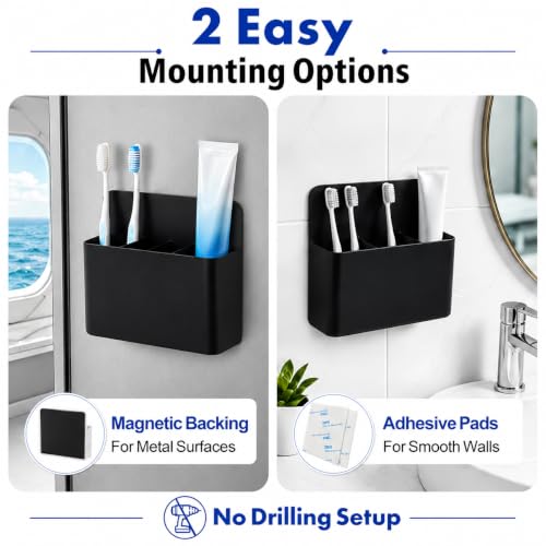 AgePlace 2 Pack Magnetic Toothbrush Holder for Cruise Ship Cabins,Wall Mounted Toothbrush Organizer with 3 Removable Dividers,Travel Must Haves,Cruise Essentials 2026 for Alaska & Caribbean Cruises - color: Black