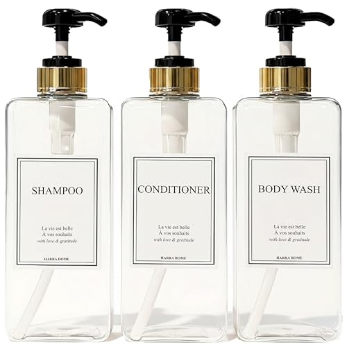 Modern Gold Design Shampoo and Conditioner Dispenser, Large 27oz Shower Soap Dispenser, Set of 3 Refillable Empty Plastic Pump Bottles for Bathroom (6 Waterproof Labels Included), (Clear & Black) - color: Clear & Black
