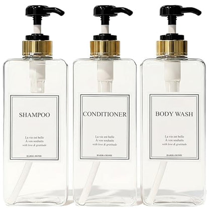 Modern Gold Design Shampoo and Conditioner Dispenser, Large 27oz Shower Soap Dispenser, Set of 3 Refillable Empty Plastic Pump Bottles for Bathroom (6 Waterproof Labels Included), (Clear & Black) - color: Clear & Black