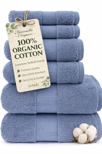 Maisonette Elegance 100% Organic Cotton Turkish Bathroom Towels Set, Ideal Quick Dry Luxury Washcloths, Hand & Large Luxury Bath Towels for Shower (6 Pack), Dark Blue (Mineral) - color: Mineral, style: Bath Towel Set - 6 Piece