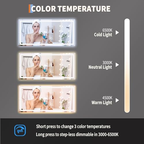 IDEALHOUSE 50x26 inch LED Bathroom Mirror, Smart Dimmable Vanity Mirror with Anti-Fog & Memory Function, Front & Backlit, Shatter-Proof Wall Mount (Horizontal/Vertical) - size: 50"L x 26"W
