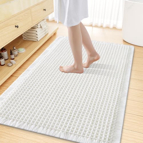 Smiry Waffle Bath Mat 59x35, Extra Soft Absorbent Bathroom Rugs, Non Slip Machine Washable Quick Dry Bath Rugs for Bathroom Floor, Tub, Shower, Home Decor Accessories, White - color: White, size: 59'' X 35''
