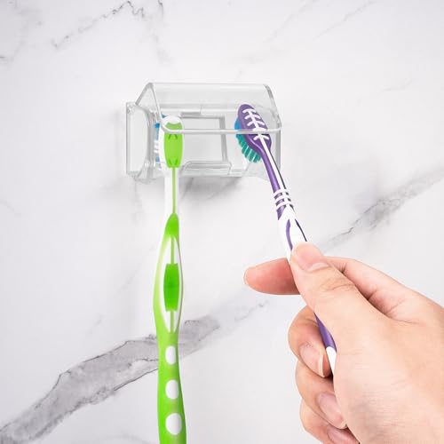 Toothbrush Holder Wall Mounted with Cover for Bathroom, 2 Slots Toothbrush Storage Organizer for Shower, Self Adhesive Toothbrush Hanger Rack for Dorm, Cabinet (Clear) - color: Clear, size: 1 PACK