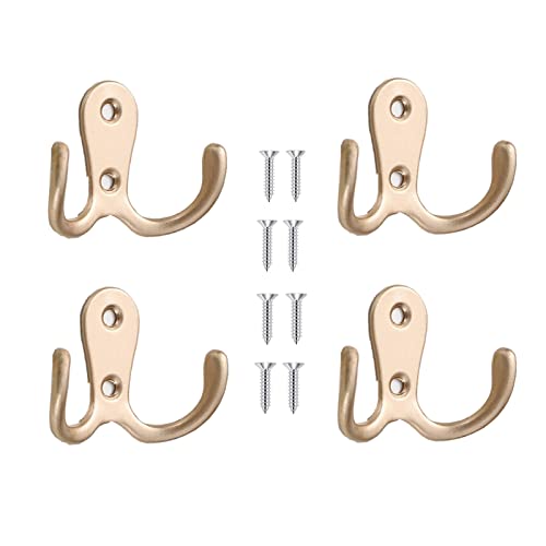 4 Pcs Double Prong Robe Hooks, Dual Coat Hooks Wall Mounted Hanging Clothes for Bathroom Bedroom Door Wall Retro Metal Cloth Hanger Double Coat Hooks with 8 Screws (Rose Gold) - color: Rose Gold