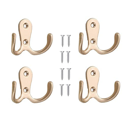 4 Pcs Double Prong Robe Hooks, Dual Coat Hooks Wall Mounted Hanging Clothes for Bathroom Bedroom Door Wall Retro Metal Cloth Hanger Double Coat Hooks with 8 Screws (Rose Gold) - color: Rose Gold