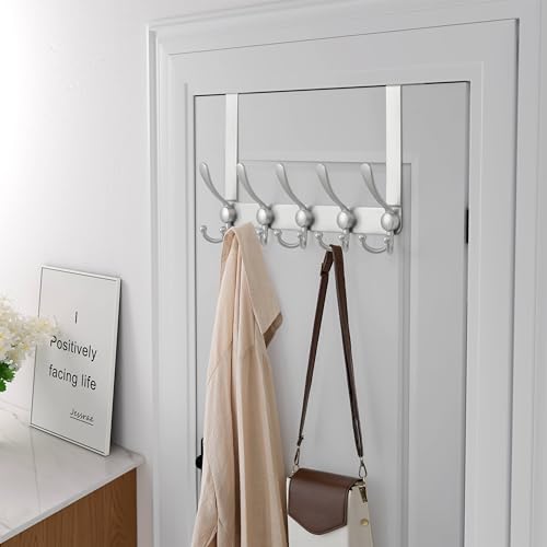 Over Door Hook 2.0 - Upgraded Version - Simple-Assembly, Strong, Heavy-Duty Stainless Steel 5-Tri-Hook Over The Door Hanger Rack, SimpleStrong Series, Silver, Pack of 2 - color: Silver