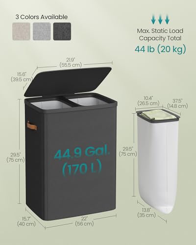 SONGMICS Laundry Basket, 44.9 Gal. Laundry Hamper, 2 Compartments, Easy Assembly, with Lid and Handles, Removable Liners, 22 x 15.7 x 29.5 Inches, Ink Black ULCB813B01 - color: Ink Black, size: 170 L (2-Section)