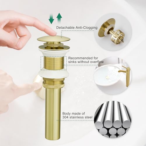 VOTON Bathroom Vessel Sink Pop Up Drain Without Overflow Assembly, Lavatory Vanity Sink Drain Stopper, Anti-Clogging Drain Strainer, Brushed Gold - color: Brushed Gold, size: Without Overflow