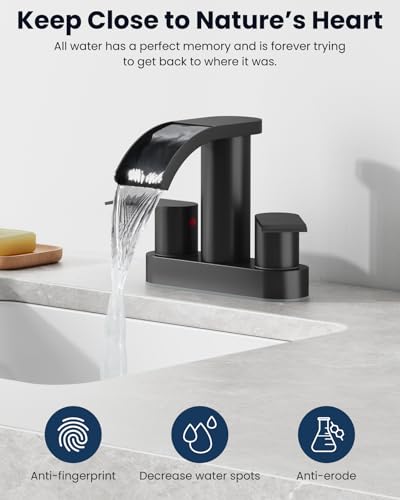 gotonovo 4’’ Centerset Bathroom Sink Faucet Waterfall Matte Black | SUS304 Bathroom Faucet,2.17’’ Wide Spout,24’’ cUPC Water Line,Pop up Drain,2 Handle,Basin,Vanity,RV,Lavatory 2 or 3 Hole Sink - color: Black