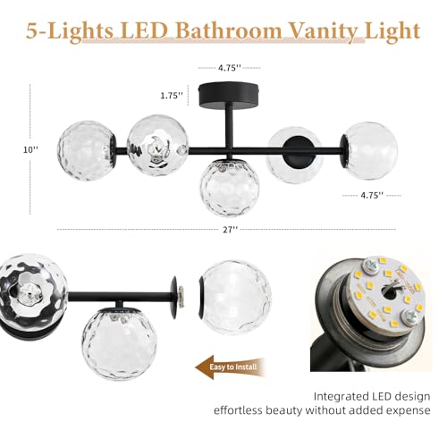 LED Bathroom Vanity Light Fixtures,Modern Black Makeup Bathroom Lighting | 5 Lights Hammered Clear Globe Glass Wall Sconce,Dimmable Mid Century Modern Bubble Glass Bathroom Vanity Lights over Mirror - color: Black Hammered Glass, size: Integrated LED