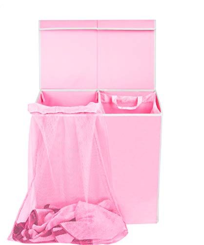 Simple Houseware Double Laundry Hamper with Lid & Removable Bags, Pink | Heavy Duty 600D Polyester, Water-Resistant Surface - color: Pink