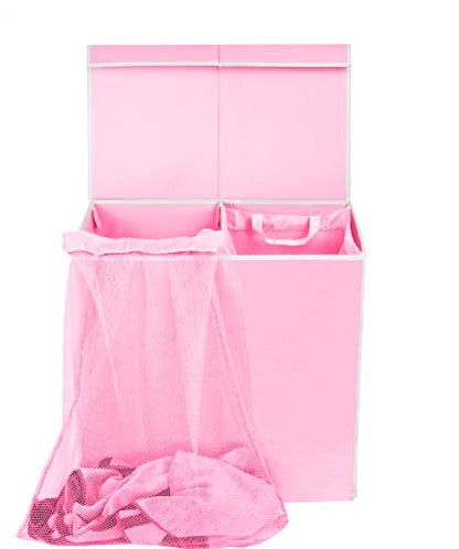 Simple Houseware Double Laundry Hamper with Lid & Removable Bags, Pink | Heavy Duty 600D Polyester, Water-Resistant Surface - color: Pink