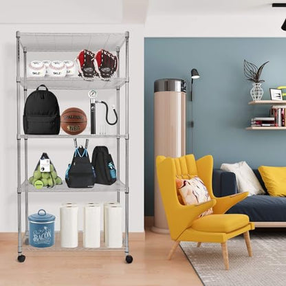 Simple Deluxe Heavy Duty 5-Shelf Storage Shelves, 1750Lb Loading Capacity, 35.43" W x 17.72" D x 70.87" H Adjustable Shelving Unit with Wheels, Chrome - color: Chrome, size: 5-Tier
