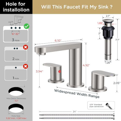 QFN Bathroom Faucet 3 Hole 8" Widespread Vanity Sink Faucet Brushed Nickel | 304 Stainless Steel Bathroom Sink Faucet with Pop-up Drain, 6-12 Inch 3 Hole Install, for RV Laundry Farmhouse Restroom Sink - color: Brushed Nickel, style: Round