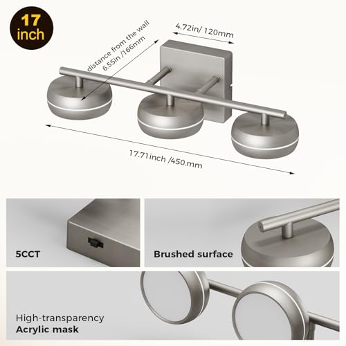 Vanity Light Fixture, 3-Light Brushed Nickel Bathroom Vanity Light with 5CCT, Dimmable Modern Wall Light for Mirror and Bathroom - size: 17.7 Inch Long